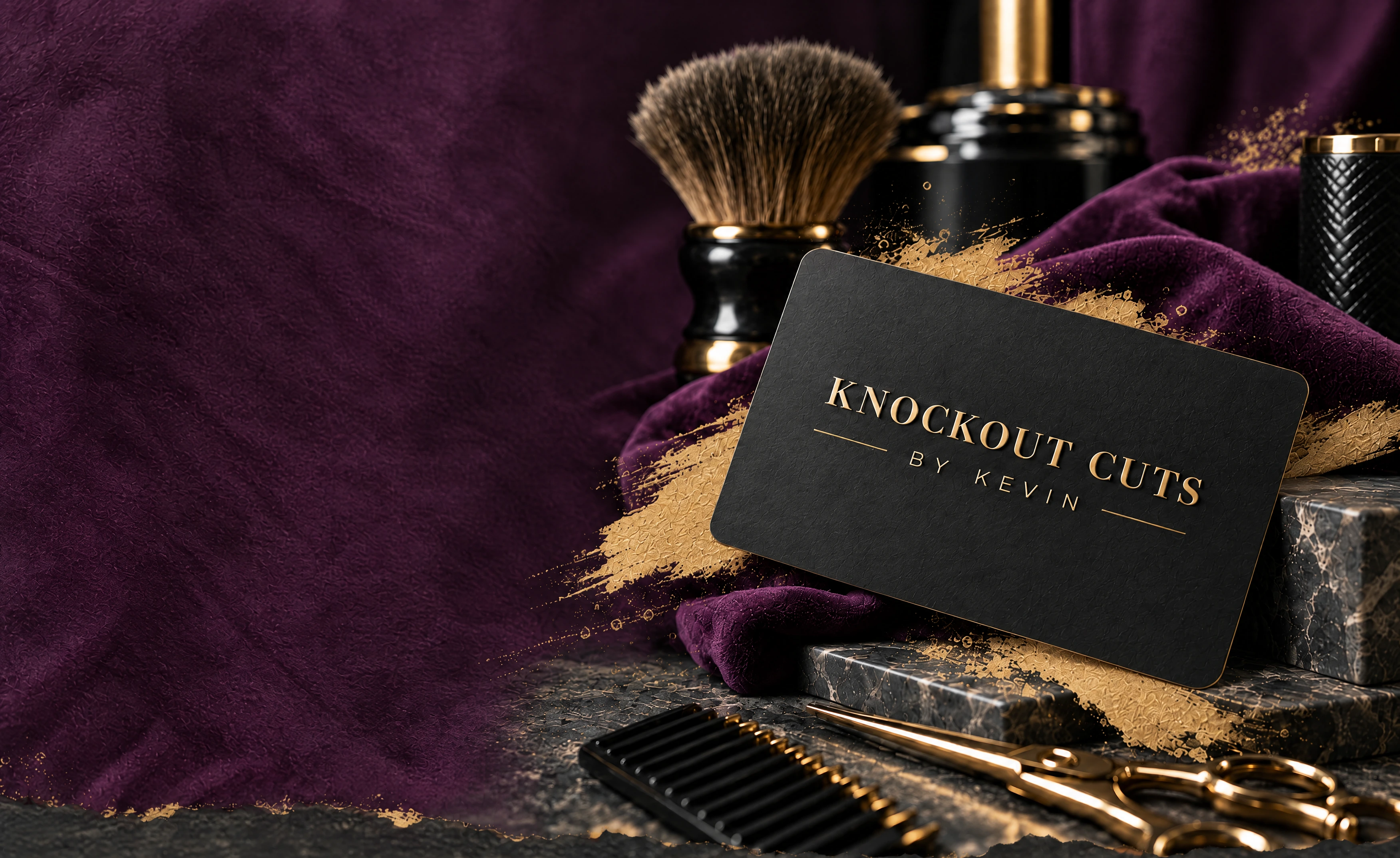 Black and gold Knockout Cuts gift card on a barber's counter